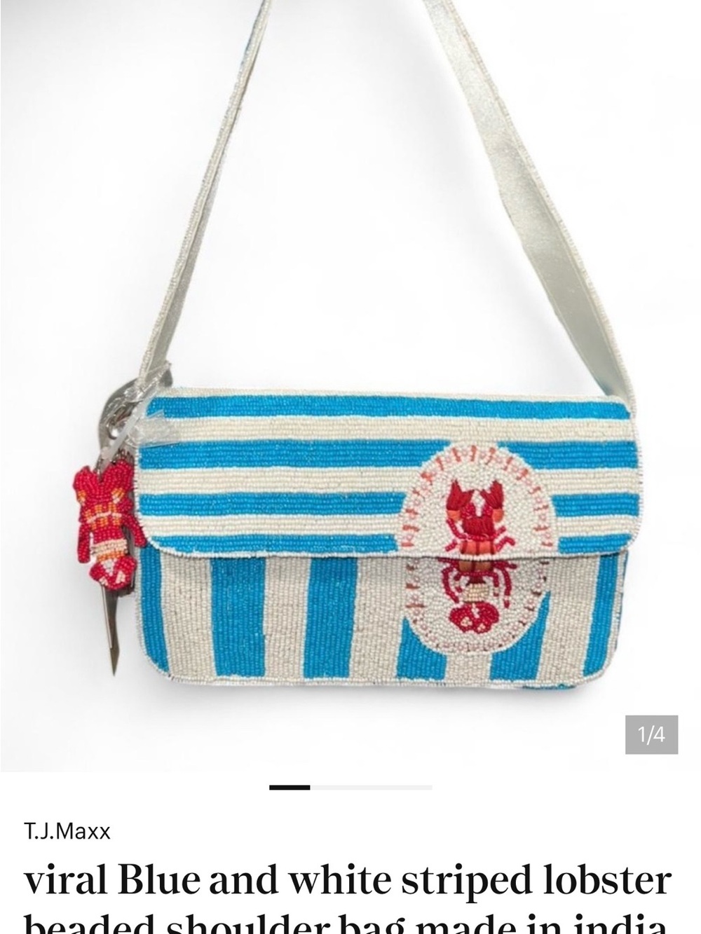T.J.Maxx Blue, White and Red Striped Lobster Beaded Shoulder Bag